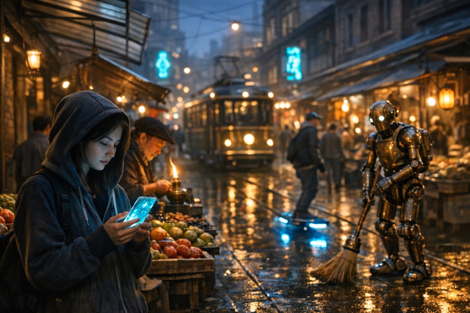A bustling market street between eras