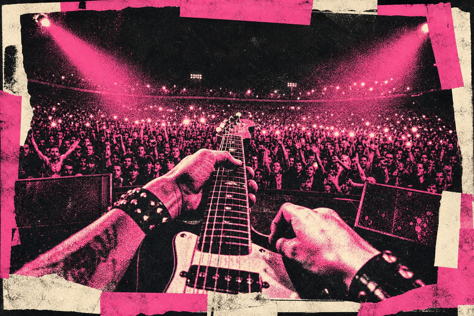First-person view from a stadium stage — guitar neck in hand, magenta lights over a sea of phone lights