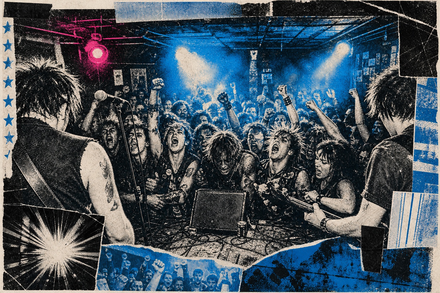 A small smoky club, crowd pressed close under harsh blue lights