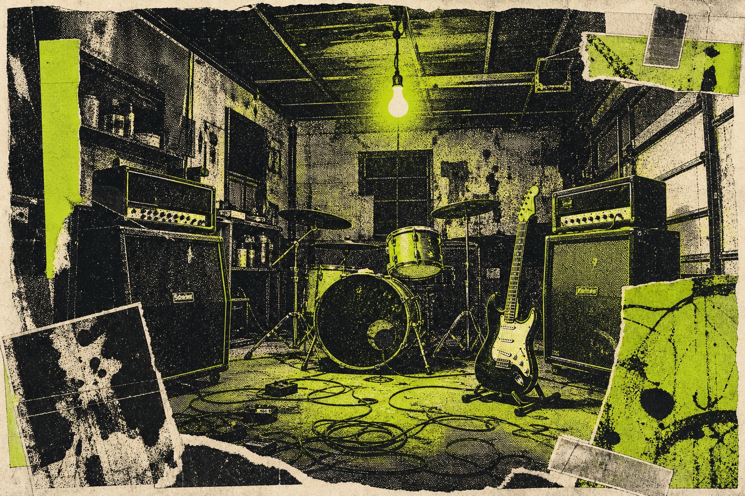 A dim garage rehearsal space — drum kit, amps, and a guitar under a bare bulb