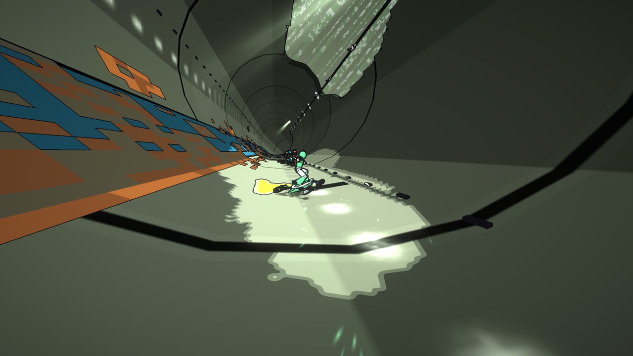 A long-abandoned main lit dim green, spans of fallen roof lying across the floor