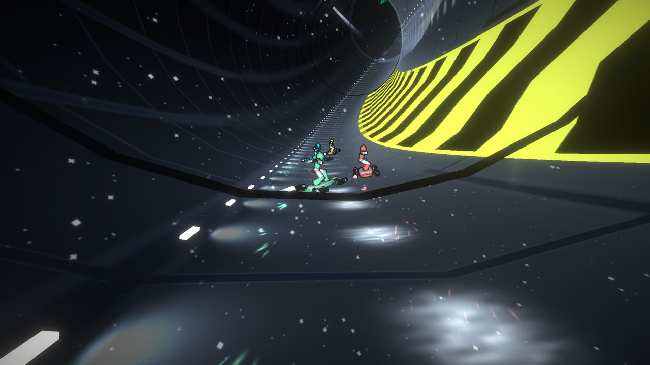 The pack riding the wall of a glass tube in orbit, stars through the floor