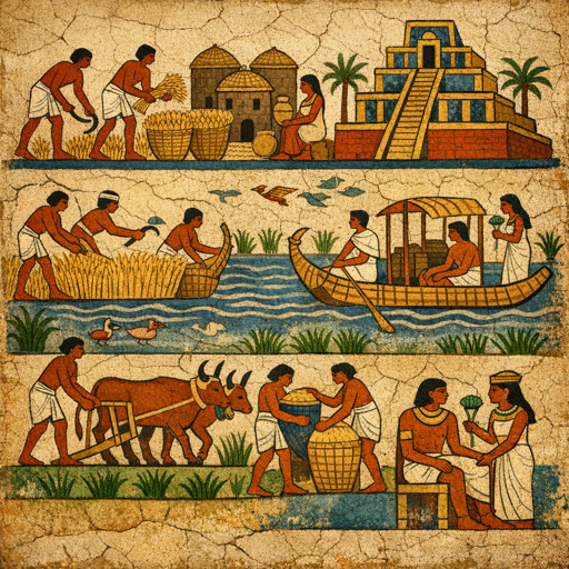 Worldwright Bronze Age — an ancient Egyptian tomb-painting frieze of farmers, reed boats and a ziggurat along the river