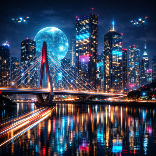 Worldwright Contemporary age — a present-day night photograph of a glass metropolis: lit skyscrapers, a screen-covered sphere, a cable-stayed bridge and drones, with light-trail reflections on the river