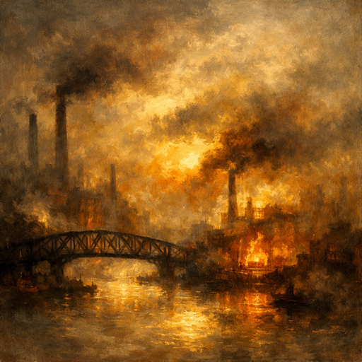 Worldwright Victorian age — a Turner-style atmospheric oil of a smoky industrial river city, foundries glowing through coal smoke
