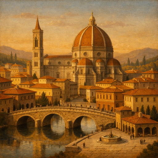 Worldwright Renaissance — a Renaissance panel painting of a domed cathedral city and an arched stone bridge over a river